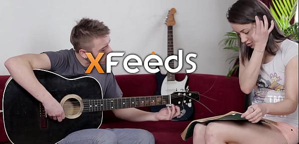 Dark-haired teen in sexy socks wants to learn how to play guitar, ends up enjoying anal